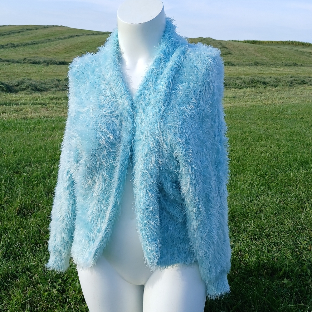 RAGA Blue Cardigan Sweater Top Shirt womens size L Large Faux Fur Eyelash Dolman